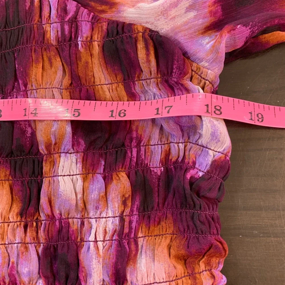 Old Navy Womens XL Purple Smocked Sheer Tie Dye Puff Sleeve‎ Square Neck Top